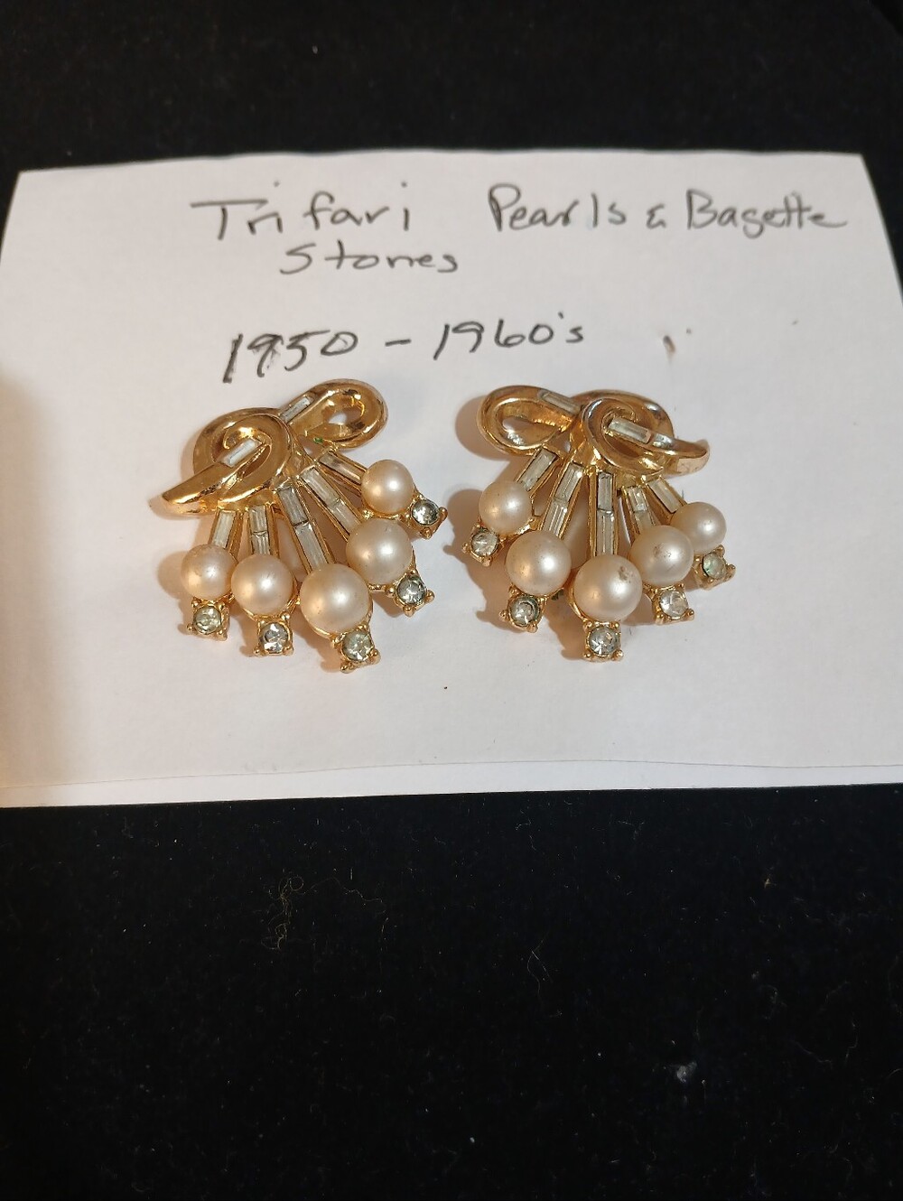 Trifari Gold Faux Pearl & Crystal Fan Clip Earrings